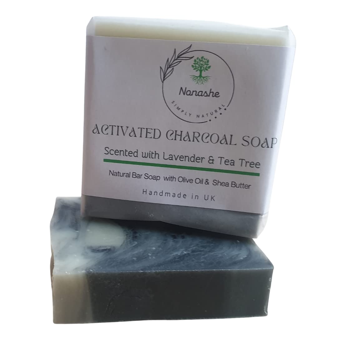 Nonashe Handmade Cleansing Soap With Olive Oil,Shea Butter,For All Type Skin,Natural Ingredients,Vegan,Palm Oil Free,Face & Body Soap for Women & Men.(Activated Charcoal Soap,Lavender & Tea Tree,100g)