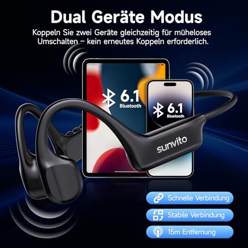 sunvito Bone Conduction Headphones Bluetooth 6.1, IPX7 Waterproof Open-Ear Headphones with Microphone, Lightweight Bone Conduction Headphones for Running, Fitness, Cycling, Black