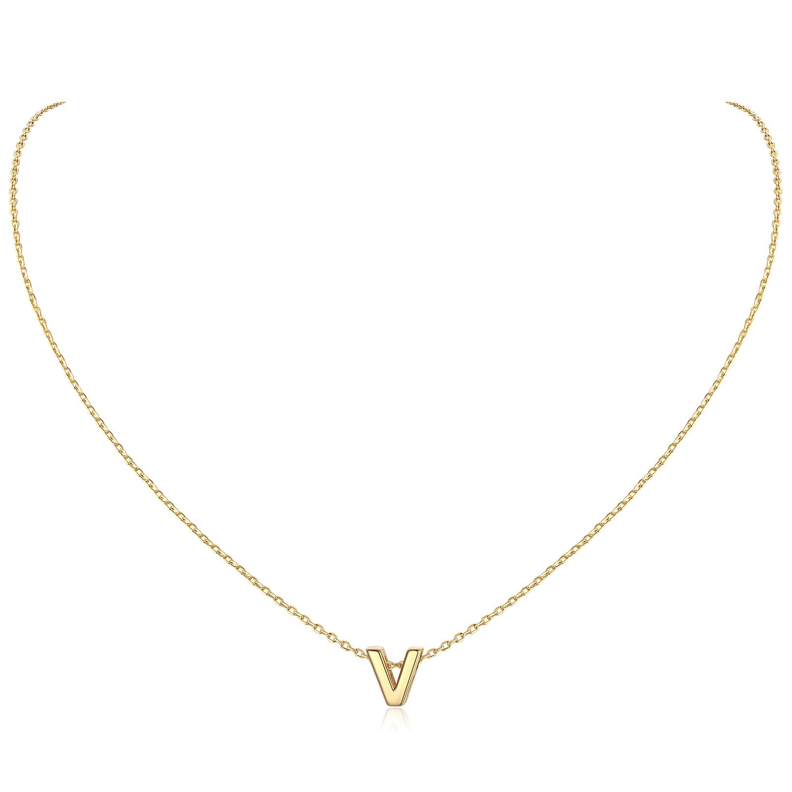 ChicSilver Gold Plated Necklaces Women 925 Sterling Silver Name Necklace Delicate Minimal Tiny Letter V Pendant Jewellery for Sisters