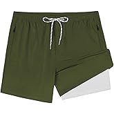 Mens Swim Trunks 5 Inch Swimsuits for Men 2 In 1 CompressionSoft Stretchy Quick Dry Comfort Drawstring Solid Green Pockets Beach Pool 4-way Breathable Son Husband Boyfriend Summer Polyester Spandex