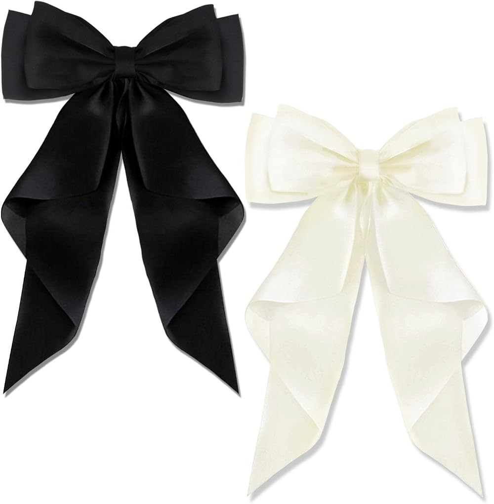 AYNKH 2 PCS Big Bow Hair Clips Satin Black White Barrette Women Girls