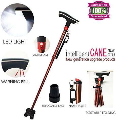 DTXDTech Walking Cane for Man Women Eldely With Led Light Alarm Model Fold Walking Cane With Nameplate Two Pivoting All-Terrain Base Walking sticks for Extra Stability Rose Gold