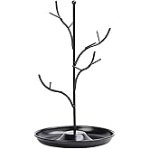 ChezMax Jewelry Display Necklace Earring Organizer Holder Metal Birds Tree Stand with Tray Antique Bracelet Rings Rack Tower Decoration for Women Girl Black 9.4 Inch