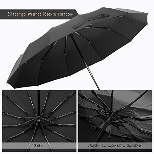 Bodyguard 12 Ribs Windproof Travel Umbrella with Teflon Canopy, Lengthened Handle with Auto Open Close Button, Compact Protection from Rain, Free Upscale Leather Cover - Thumbnail 4