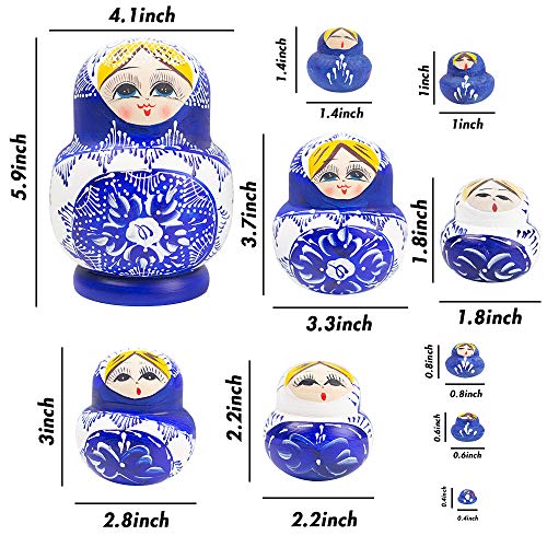 POPLAY 10 pcs. Beautiful Wooden Russian Nesting Doll Blue/Handmade Painted Gifts