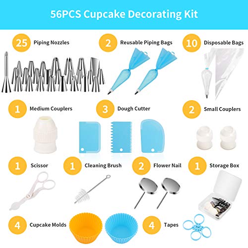 HOTERB Kit per decorare torte da 57 pezzi per 25 bocchette,2 chiodi per fiori,4 cupcake riutilizzabili,sacchetti per glassa,spatola,tagliapasta,sacchetto da pasticceria,2 chiodi per fiori,glassa reale