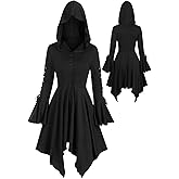 FEOYA Medieval Cloak Hooded Dress for Women Renaissance Gothic High Low Dress Vintage Long Sleeve Steampunk Hoodie Dresses