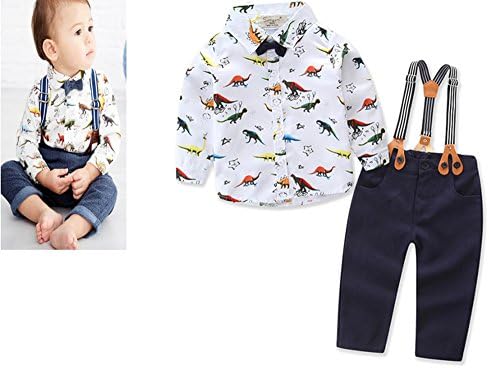 FANCYBABY Dinosaur Blouse Shirt Top Bow Tie Pants Clothing Outfit 4 Piece Set (Height 80cm)