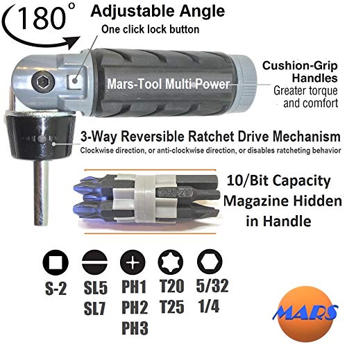 10 in 1 Impact Multibit ADJUSTABLE ANGLE RATCHETING SCREWDRIVER SET Power Torque Grade Reversible Ratchet NONSLIP Big Rubber Handle Grip for Oily Hand Work Compact Portable Multi Bit Phillips Hex Torx - Thumbnail 2