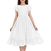 MITILLY Girls Elegant Lace Flower Crew Neck Ruffle Chiffon A-Line Flowy Birthday Party Midi Dress
