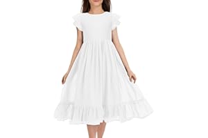 MITILLY Girls Elegant Lace Flower Crew Neck Ruffle Chiffon A-Line Flowy Birthday Party Midi Dress