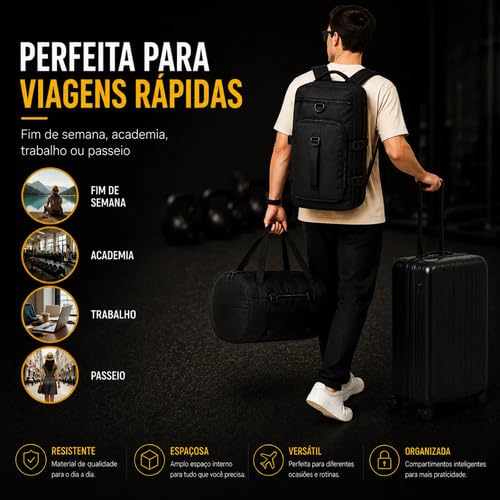 Bolsa Academia Viagem Mochila Porta Tênis Preta 4 em 1 – Alça Transversal e Compartimento de Calçados – Fit Travel Preemier