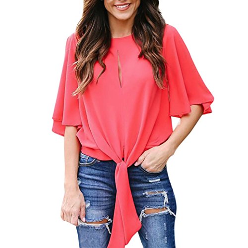 Click Here to See More Images NREALY Women's Casual Solid 1/2 Sleeved Bandage O-Neck Chiffon Split Tops Blouse Tunic Tee