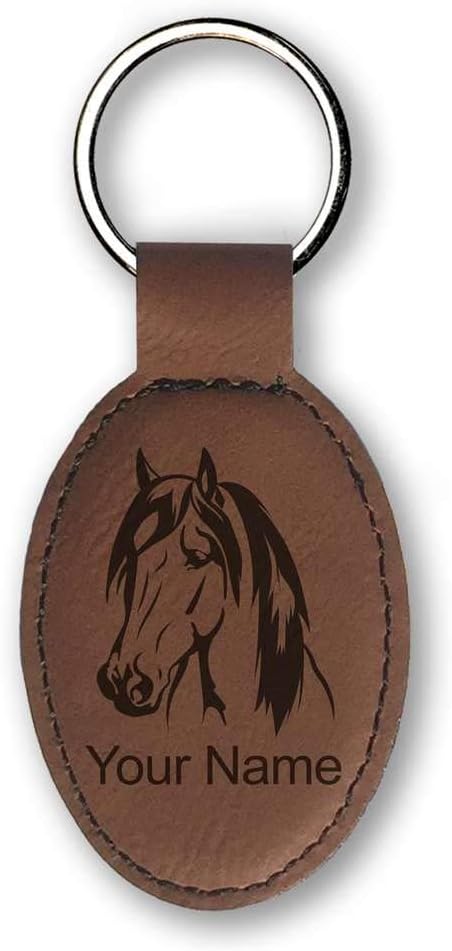 LaserGram Oval Keychain, Horse Head 1, Personalized Engraving Included (Dark Brown)