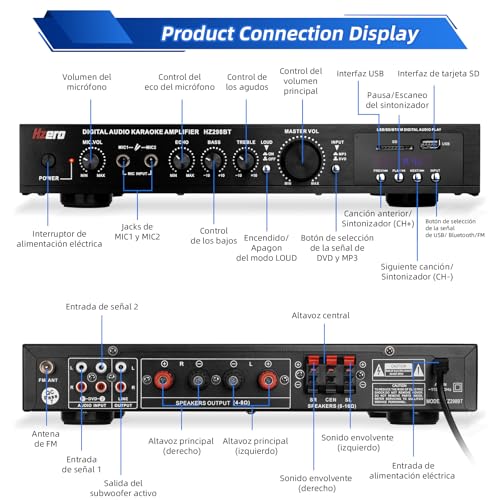 HZERO Amplificador de Audio para Casa de 5 Canales RMS 150W*2 para Altavoces de 5-8 Pulgadas, Amplificador de Altavoz, Bluetooth, Radio MP3/USB/SD/FM Amplificador 5 Canales, Hi-Fi Integrado 110V