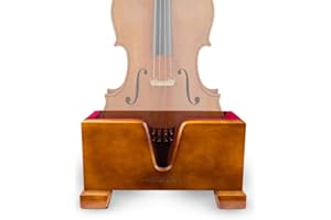 Cello Box Stand – Luxury Burgundy Plush Liner – Wooden Mahogany-tone Upright Instrument Holder – Wood Display Case - Integrat
