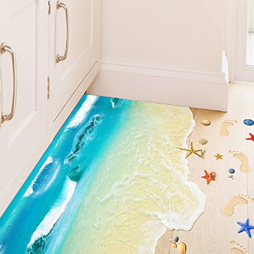 Amaonm Fashion Creative Removable 3D Blue Sea Beach Views Wall Stickers Murals DIY Nursery art Rooms Decals Decor Girls Decal Wallpaper for Bedroom Bathroom Washroom Bathroom Floor Window Decoration