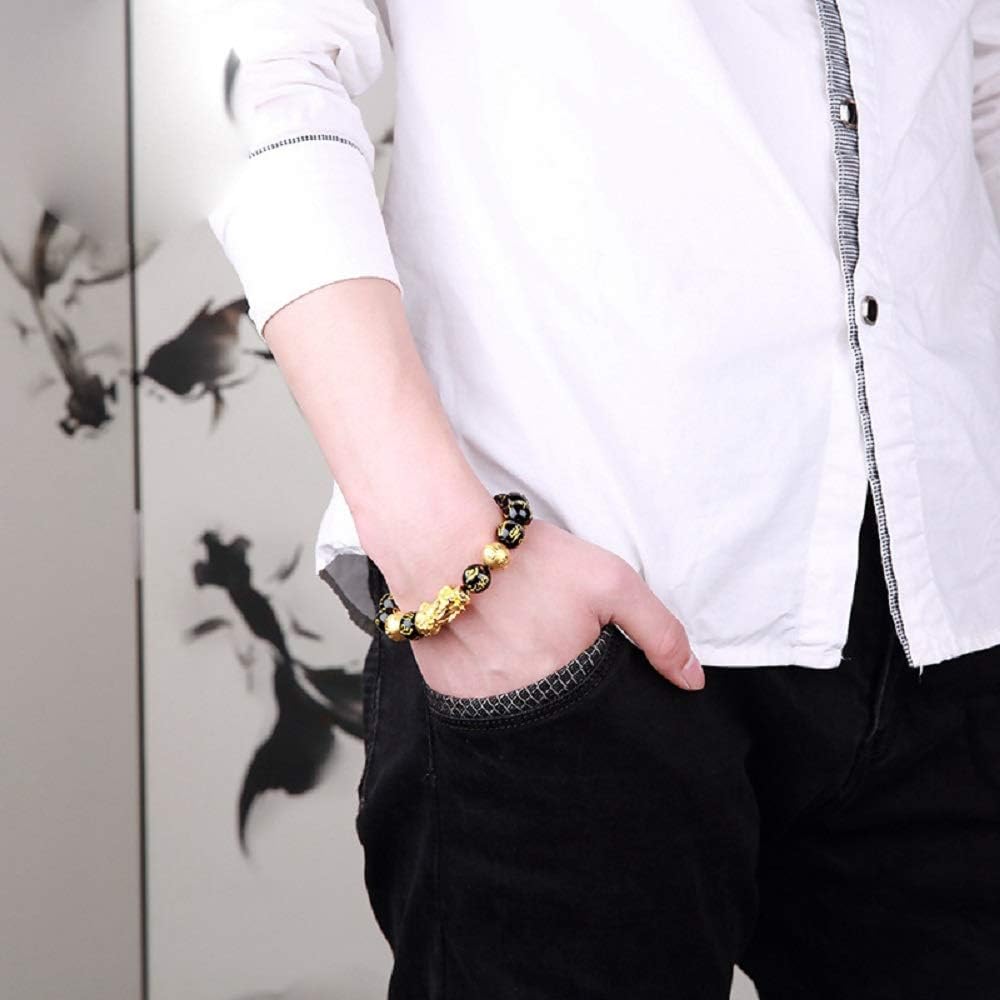 Goldenlight 2 Pcs Pi Xiu Bracelet Feng Shui Black Obsidian Wealth Bracelet for Women Men Adjustable Elastic: Clothing