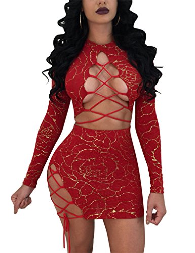 Halfword Womens Two Piece Lace Up Bodycon Crop Top Mini Skirt Sets Club Outfits Red S