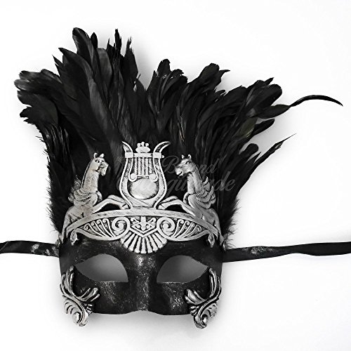 Mens Roman Silver Masquerade Mask with Feathers