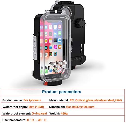 iPhone X/XS Underwater Housing 60m/195ft Diving case with Filter Come with Diving Torch Clamp and Ball Arm