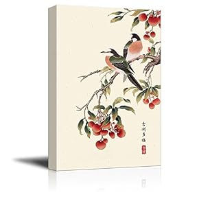Water Colored Bird Sitting on a Tree with Fruit