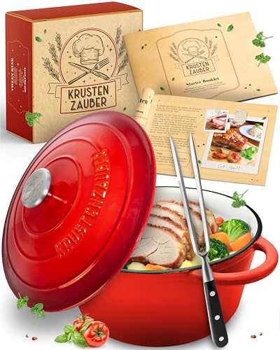 KRUSTENZAUBER Gusseisen Topf [inkl. Fleischgabel] - 26cm Schmortopf backofengeeignet - Idealer Bräter mit Deckel Backofengeeignet, Kochtopf Induktion,
