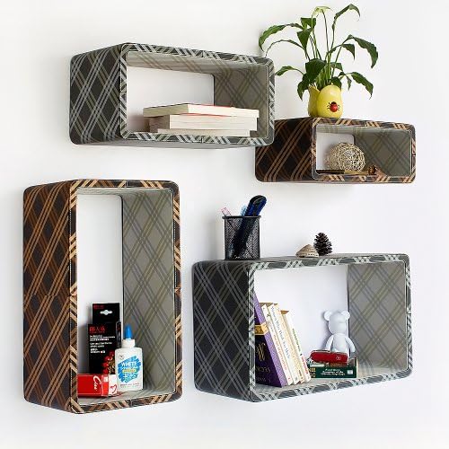 Trista - [Gold &amp; Gray Plaid] Rectangle Leather Wall Shelf / Bookshelf / Floating Shelf (Set of 4)