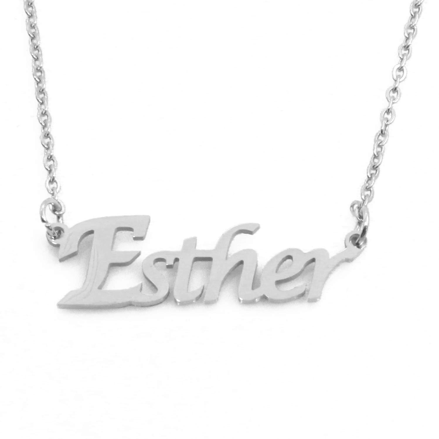 Kigu Esther Personalised Name Necklace Adjustable Chain - Silver Tone - Incl Gift Packaging