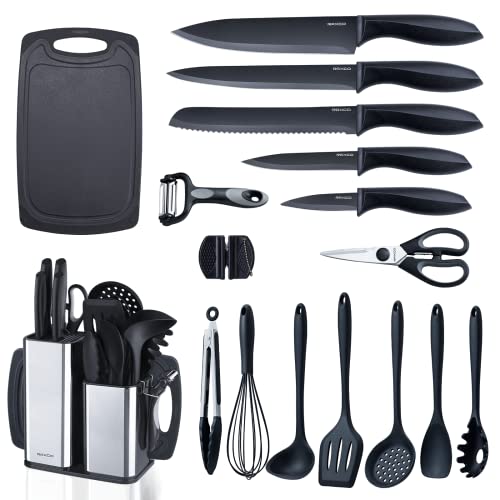 RAXCO Kitchen Utensils Set,18-Piece Cooking Utensils and Knife Set,Black | Food-grade Silicone