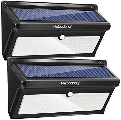 Neloodony Super Bright Solar Lights Outdoor, 100 LED Wireless Solar Motion Sensor Lights, IP65 Waterproof, Easy-to-Install Security Lights for Front Door, Yard, Garage, Deck (2 Pack)