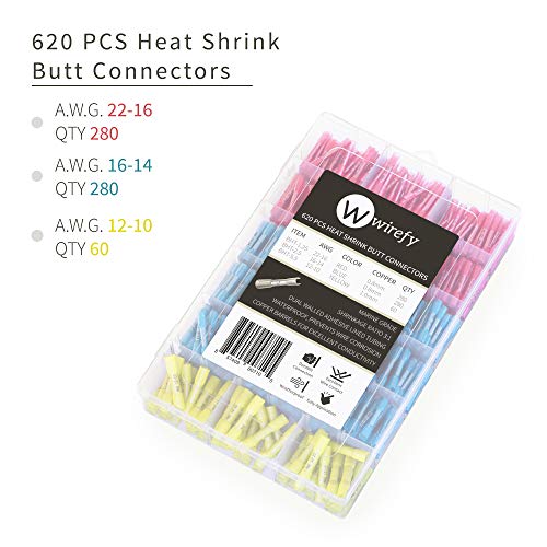 620 PCS Heat Shrink Butt Connectors - Electrical Connectors Kit - Solderless Wire Connectors - Automotive Marine Crimp Connectors by Wirefy