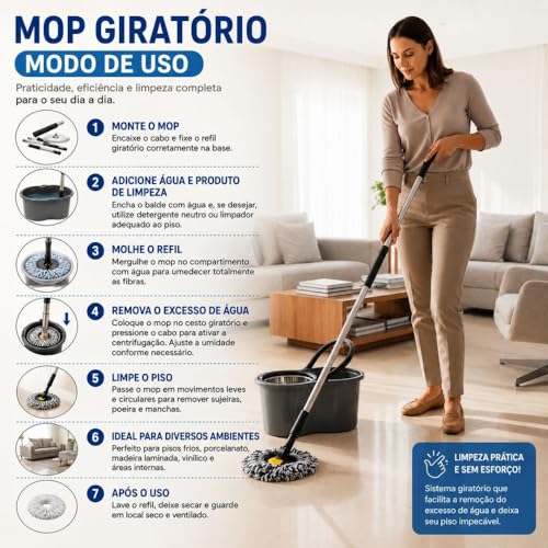 Mop com Balde Giratório 9 Litros, Cesto Inox, com Esfregão, Sistema de Limpeza 360°, Lava e Seca, Cabo Extensível, Cesto de Aço Inoxidável, Cinza - premium