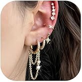 6 Pairs Gold Chain Earrings for Women, 14K Gold Plated Hoop Earrings Stack, Hypoallergenic Earring Sets for Multiple Piercing, Ear Cuffs Stud Huggie Hoop Dangle Chain Earring Pack for Women