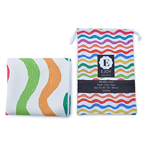 EJOY Microfiber Beach Towel. Quick Dry Towel with Microfiber Bag. Ultra-Compact, XL Size (33 x 63"), Extra Absorbent. Ideal for Travel, Sports, Yoga, Beach, Outdoor, Pool (XL, Happy Colors)