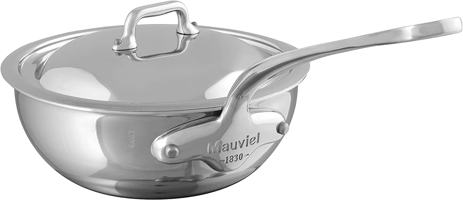 Mauviel Made in France M'Cook 5 Ply Stainless Steel 5212.17 0.9 Quart Curved Splayed Saute Pan with Lid, Cast Stainless Steel Handle