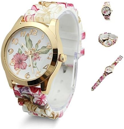 Estone Hot Fashion Women Dress Watch Silicone Printed Flower Causal Quartz Wristwatches (Wine Red)