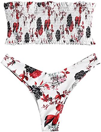 ZAFUL Women's Strapless Striped Frilled Smocked Two Piece Bandeau Bikini Set