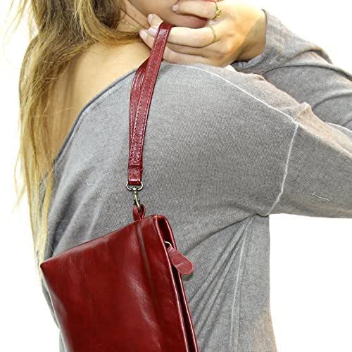 Deep red leather wristlet Wrist strap clutch with handle