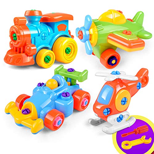 Great Take Apart Toy Set | 4 Piece Vehicle Building Set with Aircraft Karting Train and Car | Includes Plastic Tools for Disassembly | Assembly Toys for Boys and Girls | DIY Tool Set Assembly Kit