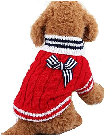 HYL World Pet Dog Cat Puppy Knit Turtleneck Sweater Bowknot Navy Costum Woolen Clothes Apparel-Red