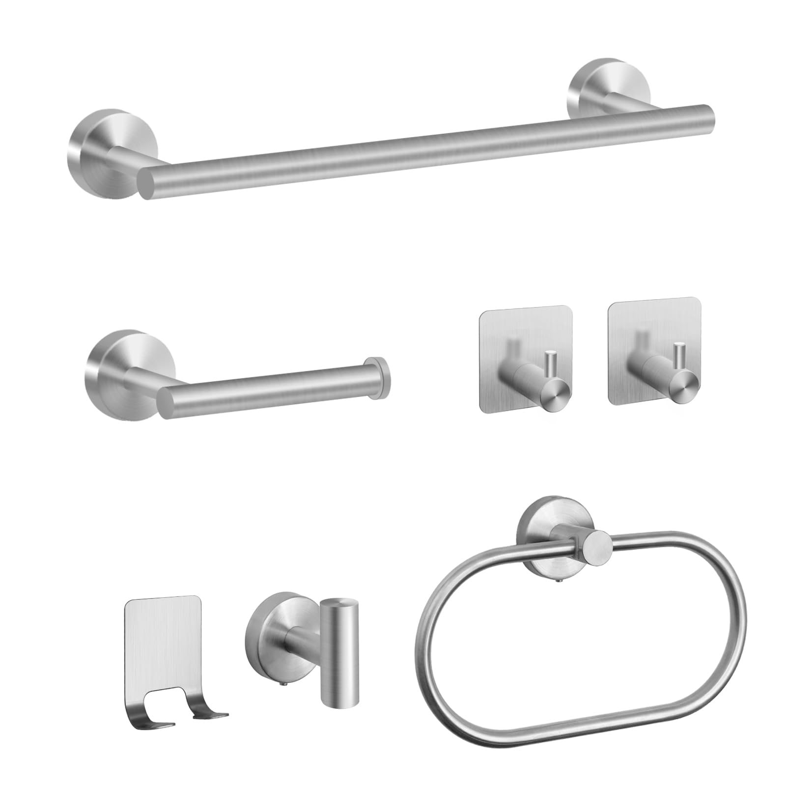 7-Piece Bathroom Accessory Set, Stainless Steel Bathroom Hardware Set, Matt Black Bathroom Tower Rack Set Includes 40 cm Towel Holder, Toilet Paper Holder, Towel Ring, 4 Robe Towel Hooks (Silver)