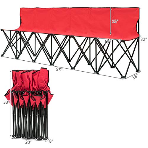 Giantex Portable Folding 6 Seats Chair Sideline Bench W/Seat Backs & Carry Bag Sports Team Camping (Red) - Thumbnail 6