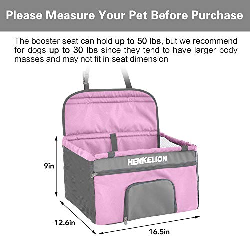 Henkelion Pet Dog Booster Seat, Deluxe Pet Booster Car Seat for Small Dogs Medium Dogs, Reinforce Metal Frame Construction, Portable Waterproof Collapsible Dog Car Carrier with Seat Belt - Pink