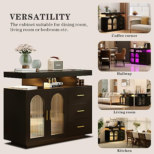 Dystler Sideboard Buffet Cabinet with Storage, 3 Drawers & 2 Doors, Auto-Sensor 20 Color Lights Console Table with Charging Station,Touch Control Console Coffee Bar Table for Kitchen, Dinning- White