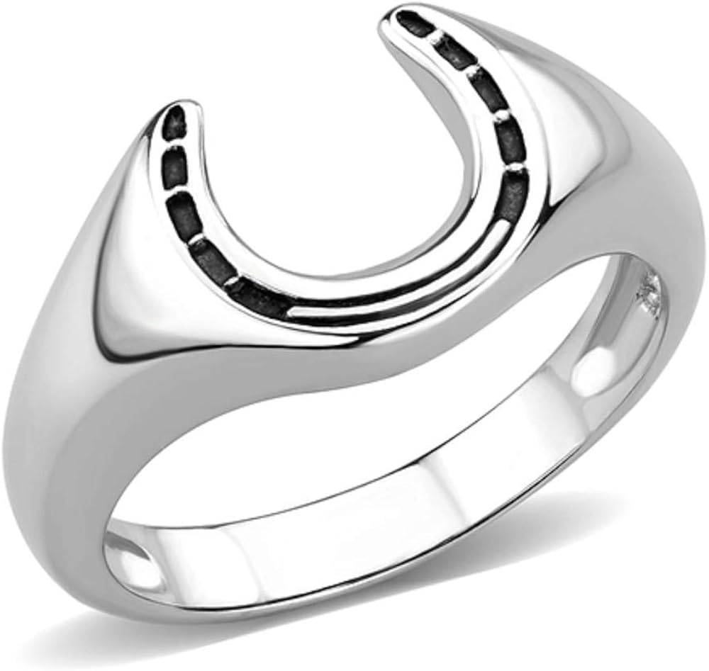 Mens horse shoe ring no stone stainless steel blackened silver no