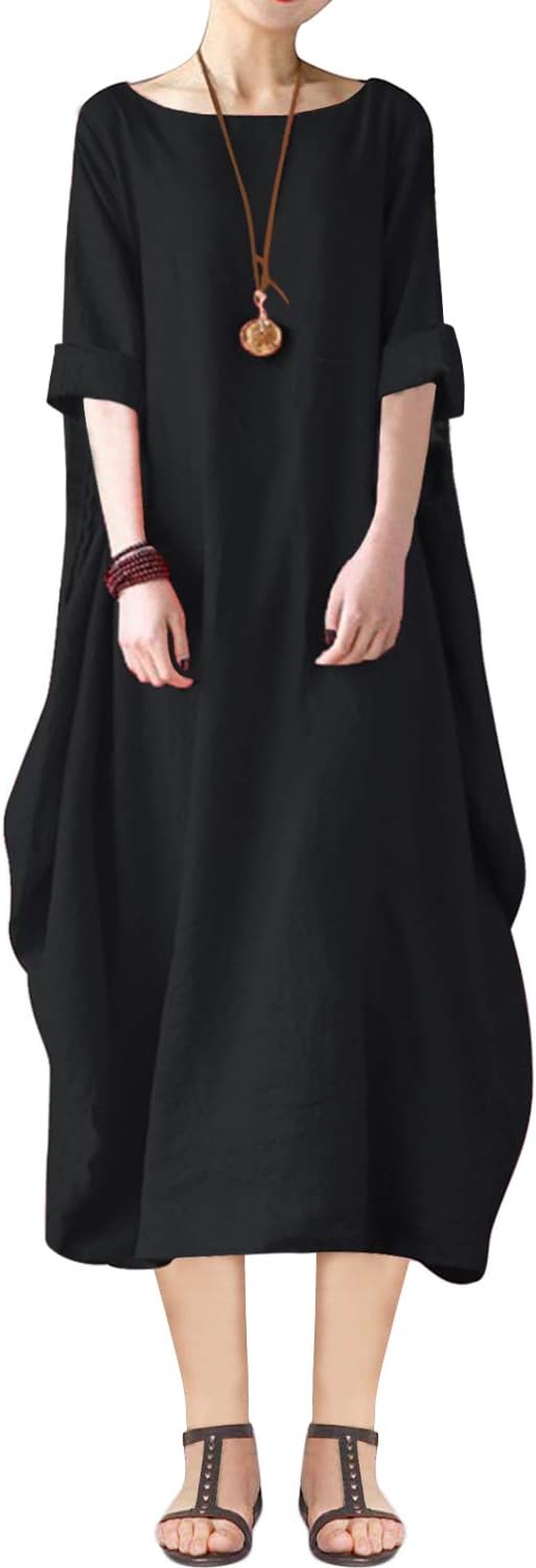 LAMEZI Lanisen Women's Casual Loose Summer Cotton Linen Long Dress with Two Pockets M-2XL