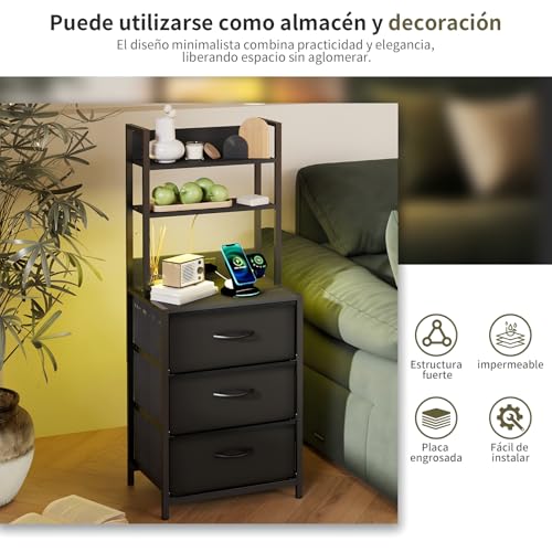 Simple Wisdom Buros para recamara -Mesita De Noche de 6 Niveles,3 cajones Mesa Auxiliar con Estación De Carga de 2 enchufes y Puertos USB y Tira de luz LEDcajón de Tela de Cuero*3. (Negro)