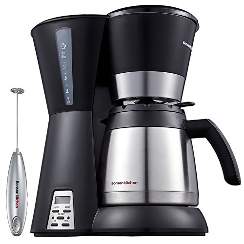 Click Here to See More Images Bonsenkitchen 10-Cup Thermal Programmable Coffee Maker with Permanent Filter, Stainless-Steel Vacuum Jug, Water Level Indicator and Anti-Drip System, A Milk Frother Included (CM8761)
