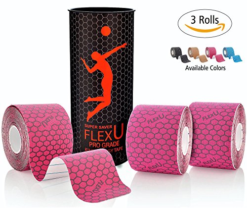 [- FlexU – Pink Kinesiology Tape; Super Saver 3 Roll Pack Pre-Cut; Advanced Strength and Flex